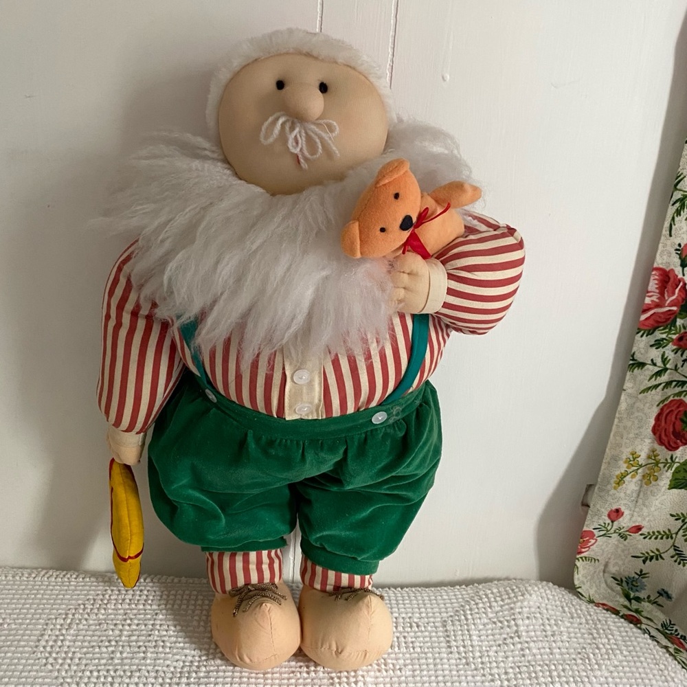 Vintage Christmas Corner Santa Plush holding Teddy Bear & Kite Velvet Trousers